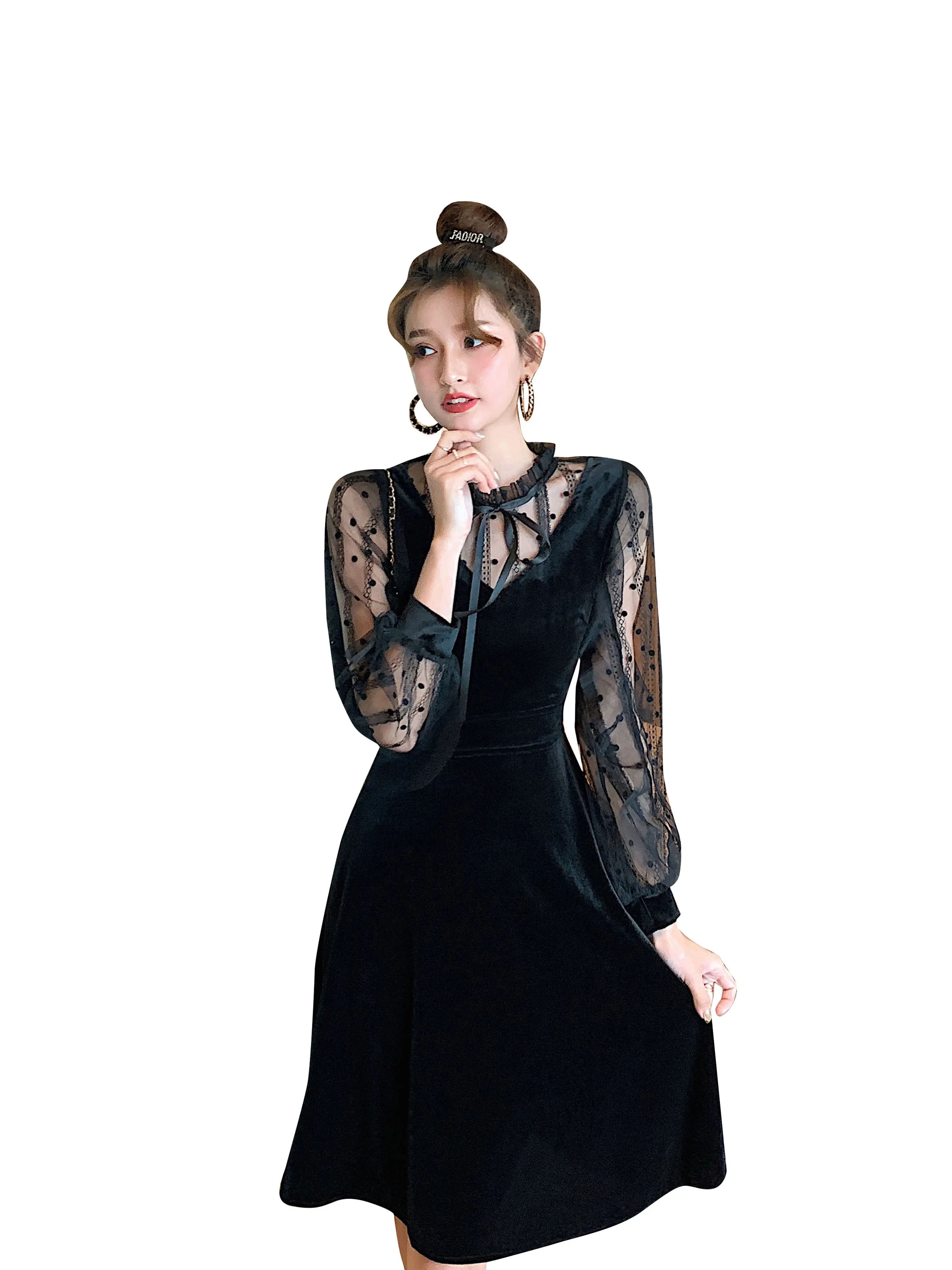 

COIGARSAM Patchwork Women one-piece dress korean V-Neck Dresses Black 755