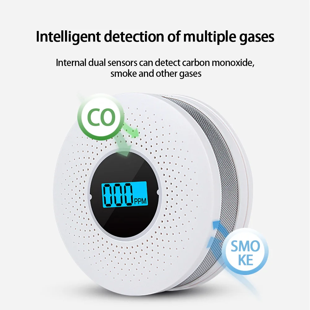 

2 In 1 LCD Display Carbon Monoxide & Smoke Combo Detector Battery Operated CO Alarm With LED Light Flashing Sound WarningNice