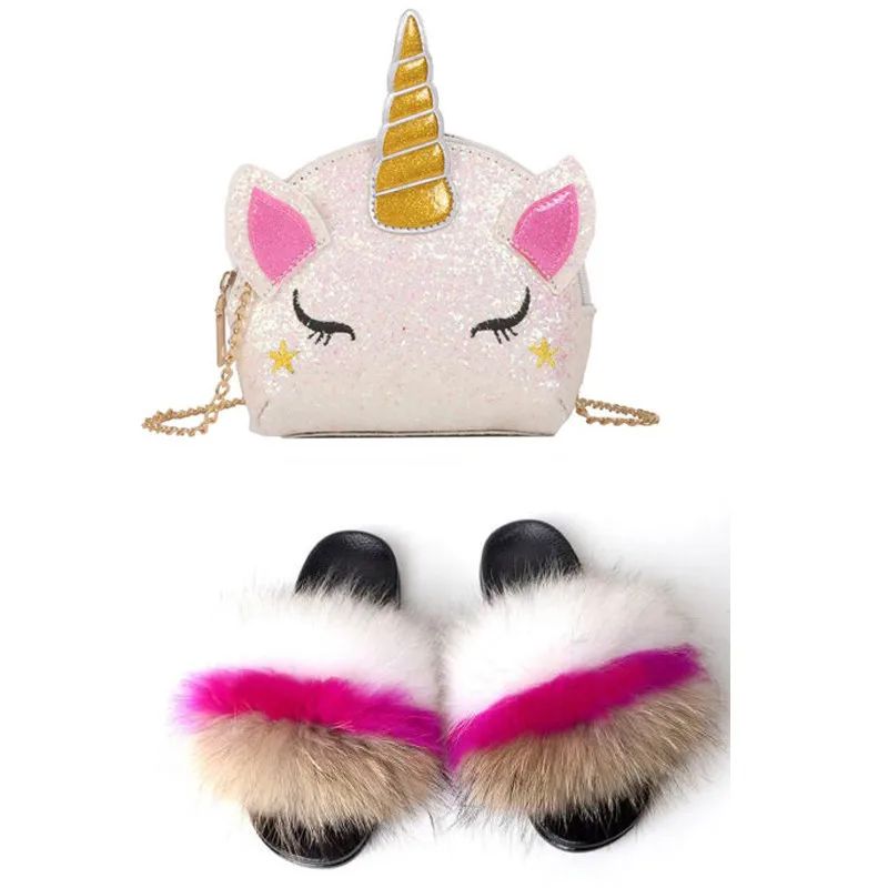Меховые шлепанцы для женщин милые Мультяшные сандалии желе с единорогом меховые