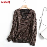 tangada women 2021 fashion coffee striped knitted sweater jumper v neck female elegant oversize pullovers 4c195