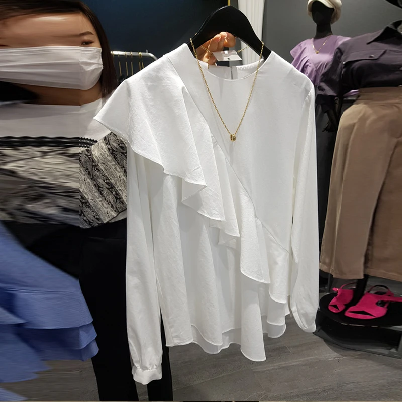 

Sweet Ruffles Spliced Blouse Women Long Sleeve Shirts Simple O-neck All Match Blusas Mujer 2021 Spring Casual Women Tops
