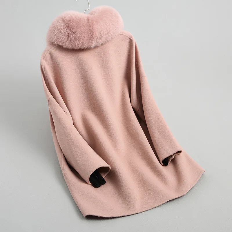 Autumn Winter Women Big Fox Fur Collar Real Wool Female Double-side Woolen Coat Vintage Jacket X2412000DMP8101MY1902 | Женская одежда
