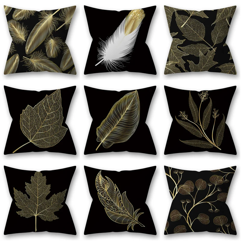 

45*45cm Cushion Cover Nordic Style Home Decoration Throw Pillow For Sofa Bed Car Gold Leaves Feather Pattern Pillow Case