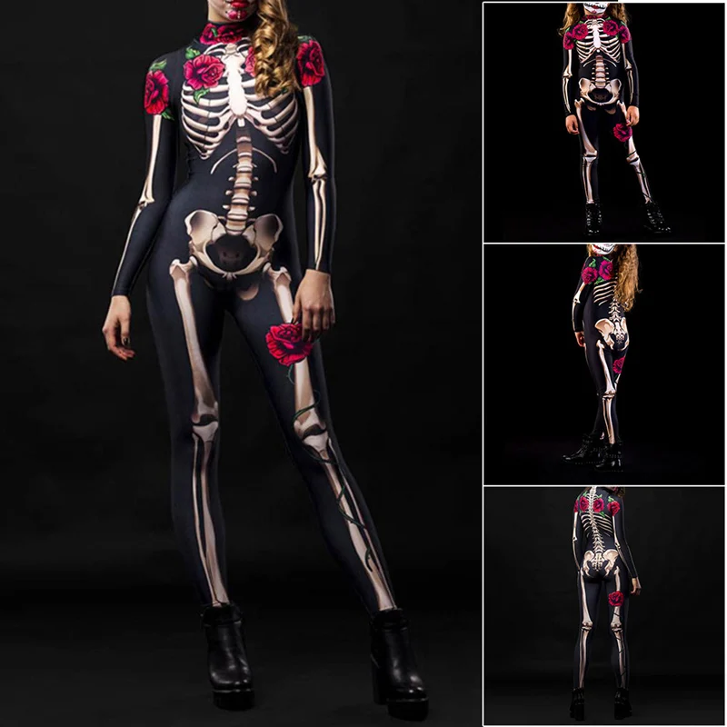

Skull Rose Flower Jumpsuit Skeleton Cosplay Adult Children Parent-child Outfit Halloween Costume Body Suit Costume Dropship