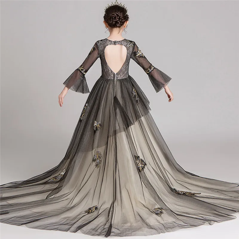 

Autumn Winter Luxury New Model Shows Performance Long Sleeves Princess Tail Dress Children Girlds Birthday Evening Party Dress