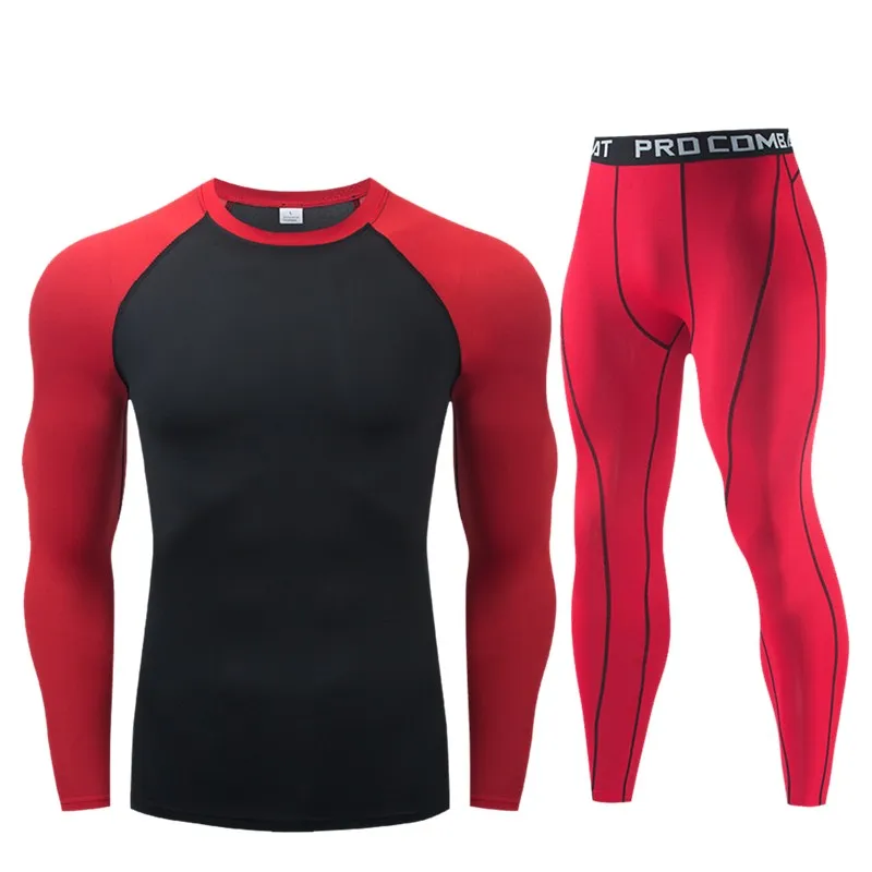 

New Men's Running Tights+Leggings Set Sportswear Track Training Gym Clothing Fitness Long-sleeved T-shirt Male Compression Suit