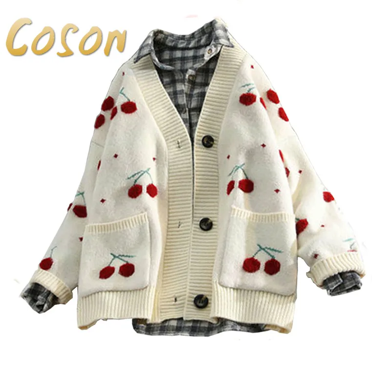 

Coson Fruit Cherry Embroidery Knitted Cardigan Autumn V Neck Oversize Woman Sweater Cardigan Jacket Winter Warm Knitwear