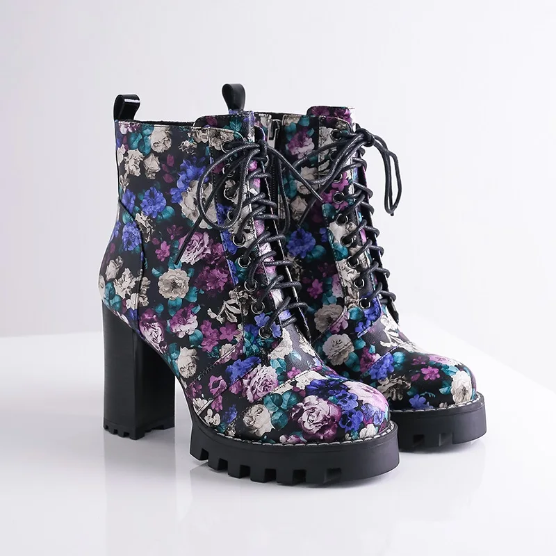 plush inside flower Сапоги для верховой езды из ZVQ кожи обувь на платформе на высоком каблуке с цветным цветочным узором Модные осенние женские ботильоны на шнуровке с круглым носком - Цвет: plush inside flower