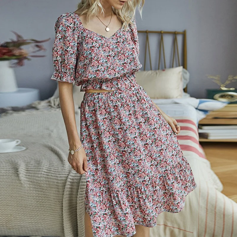 

Summer Lotus Leaf Sleeve Waist Temperament Lady Top Lotus Leaf Hem Floral Suit