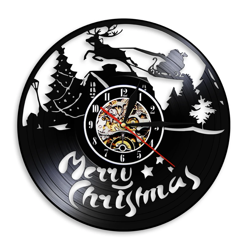 Christmas Characters Wall Clock Reindeer Santa Clause on Sleigh Vinyl Record Wall Clock Merry Christmas Symbols Housewarming Git