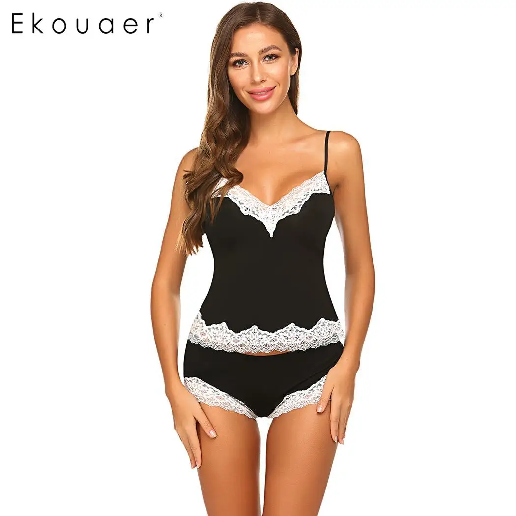 Ekouaer женская летняя пижама сексуальная пижама Loungewear кружевная Лоскутная Сексуальная Спагетти ремень белье пижамный комплект