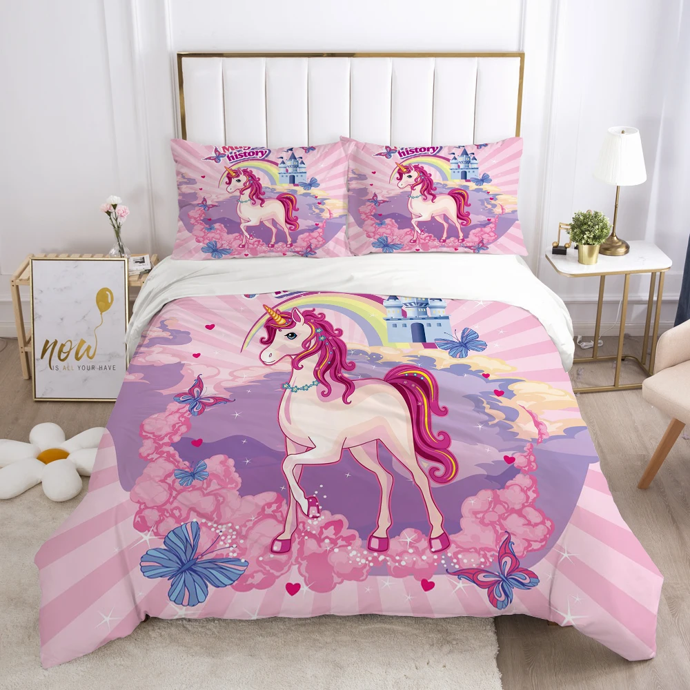 Cartoon Duvet Cover Set 3D Unicorn Children Bedding For Kids Baby Comforter Pillowcases Girls Boys Bed | Дом и сад