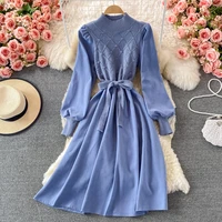 autumn and winter 2021 korean mid long fake two piece long sleeve knitted stitched corduroy stand collar a shaped dress