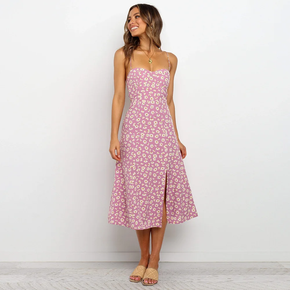 

Женское летнее платье на бретелях-спагетти, с цветочным принтом, без рукавов, с высокой талией, трапециевидного силуэта, до колена, новинка ...