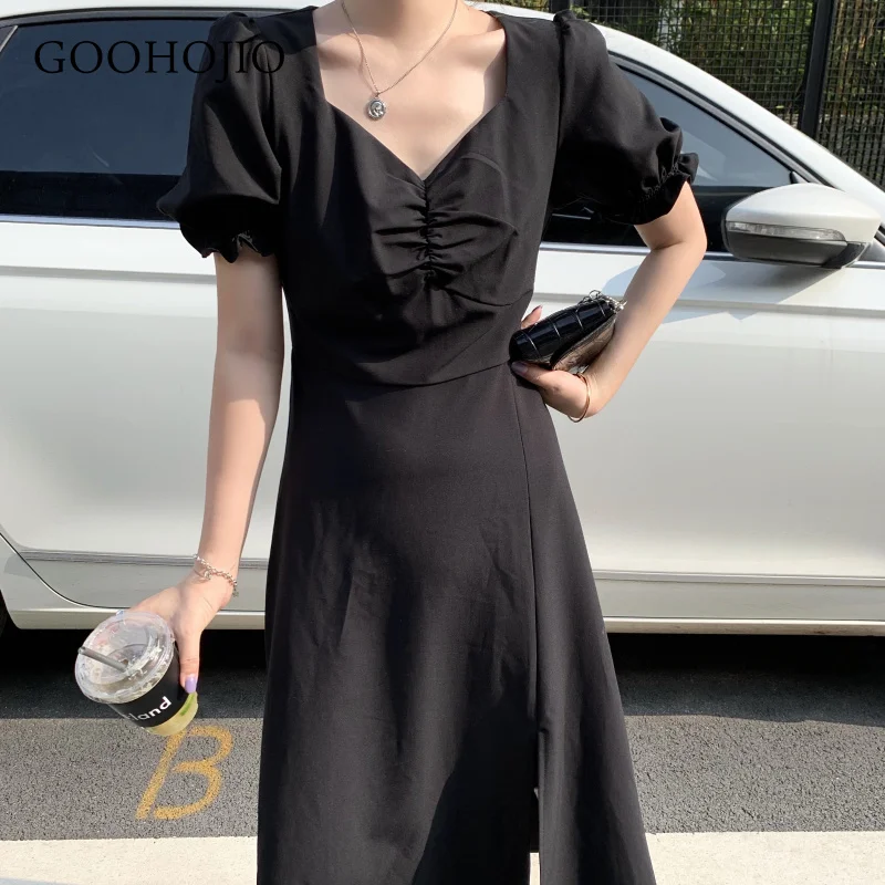 

GOOHOJIO 2021 New Puff Sleeve Women's Summer Dress Retro Slit Waist Thin Dresses Women Temperament Solid Color Women Dresses