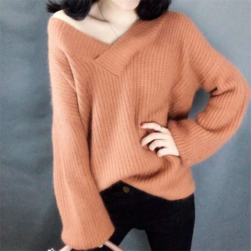 Autumn Winter Sweater Women solid Knitted Pullovers long sleeve tops V-neck office 2019 | Женская одежда
