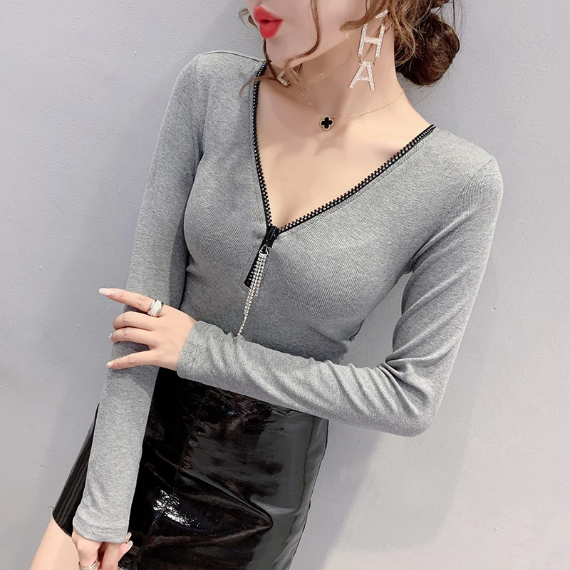 New Casual Solid Color 2021 Spring Long Sleeve Women's Tshirts Fashion V-neck Ziper Woman T-shirts Plus Size Blusas | Женская одежда