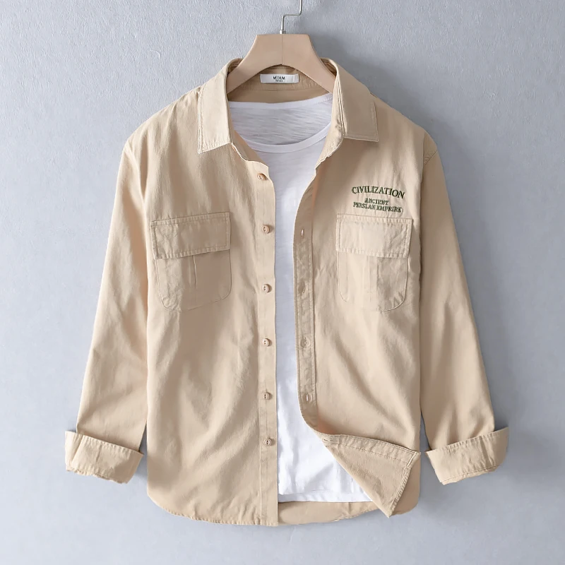 Новинка 2020 брендовая Повседневная рубашка цвета хаки в стиле ретро с длинными