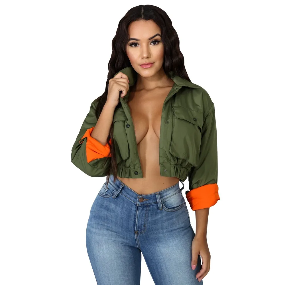 

Echoine Army Green Ruched Bomber Jackets Long Sleeve Cropped Coat With Front Pockets Women Vintage Winter Clothes Sexy Crop Top