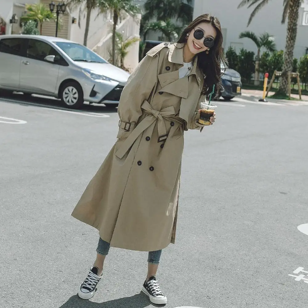 

Women's 2020 Khaki Big Brand Windbreaker Ladies Mid-length Korean Casual Large Lapel Double Breasted Trench Coat Women Belt E268