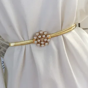 Ladies Elastic Chain Gold Silver Thin Belts Mitation Pearl Flower Leaves Metal Buckle Cummerbunds Al