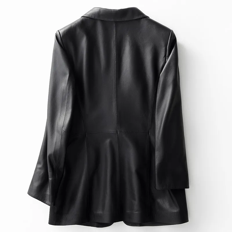 

Женский блейзер из натуральной кожи, черный пиджак большого размера 4XL из 100% овечьей кожи, весна-осень, приталенный, с одной пуговицей