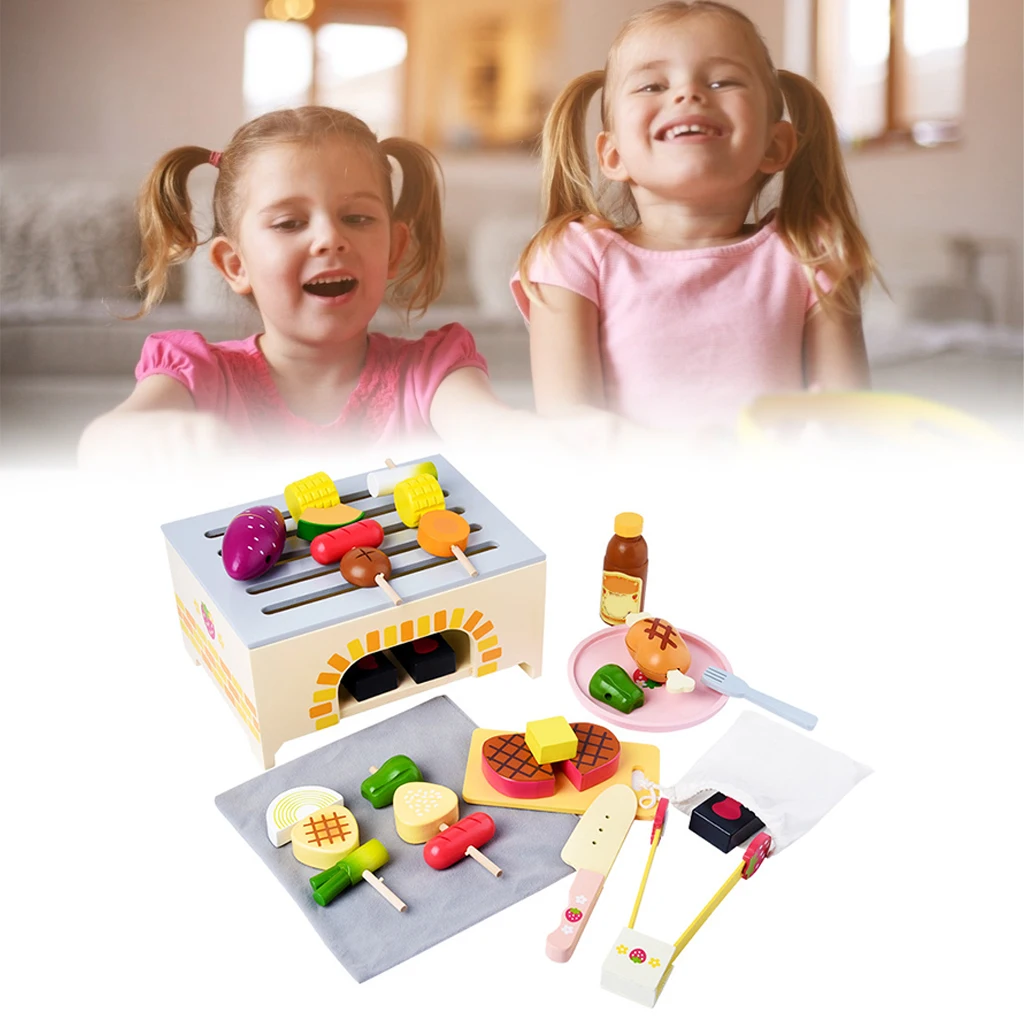 

Deluxe BBQ Grill Wood Play Food Vegetable Fruit Kitchen Cooking Preschool Educational Toy Play for Kids Children