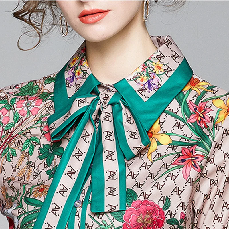 

Fashion Runway Women's Summer Dress New Design Short Sleeve Turn Down Neck Lace-Up Bow Letter Floral Print Midi Dress