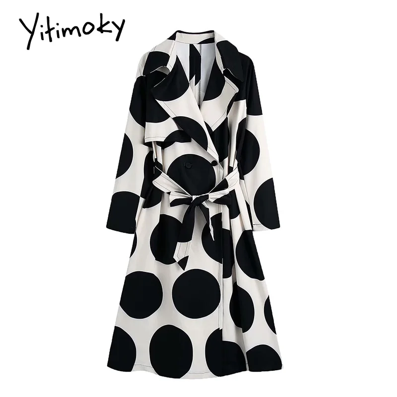 

Yitimoky Polka Dot Trench Coat for Women Windbreaker Jacket Streetwear Pockets Clothes Fashion Designer Black Sashes 2022 Spring