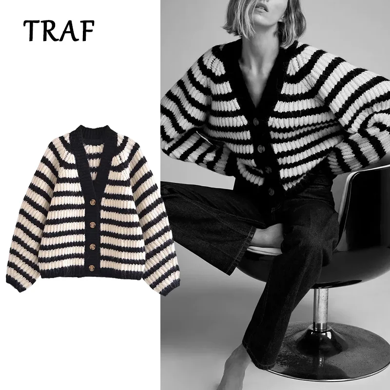 

TRAF 2021 Za Knitted Cardigan Women New Loose Stripes Knitting Sweater Autumn Coat Long Sleeve Cardigans Tops