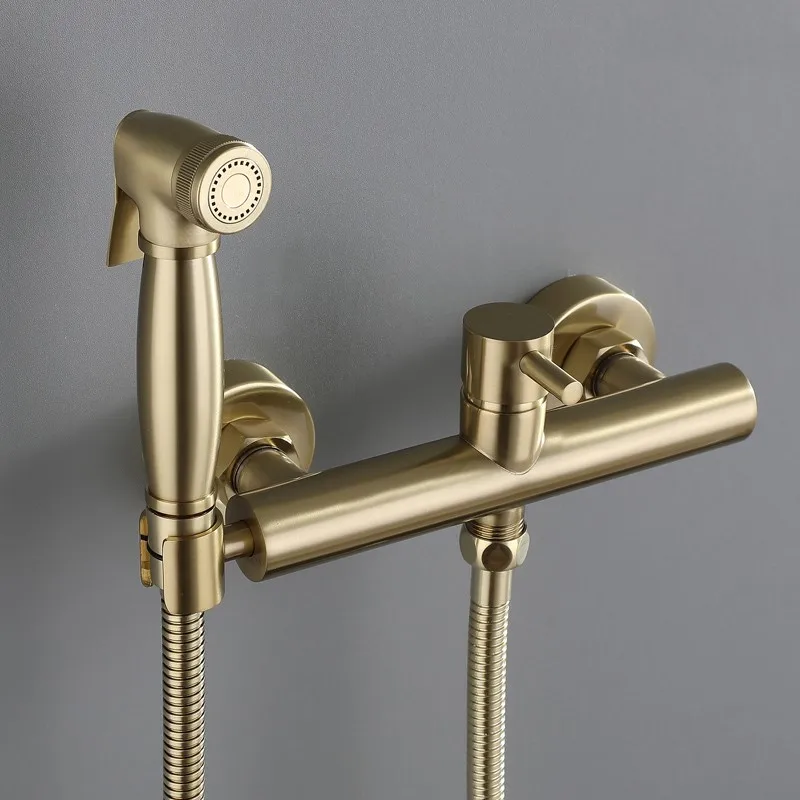 

Cold hot water brass bidet spray complete set Brushed gold brass copper Top quality toilet bathroom shower spray set Wall mount