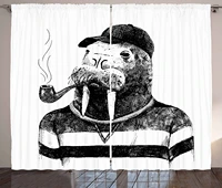 contemporary blackout curtains sketch artwork of a walrus with a pipe and cap dressed in hipster style window curtain