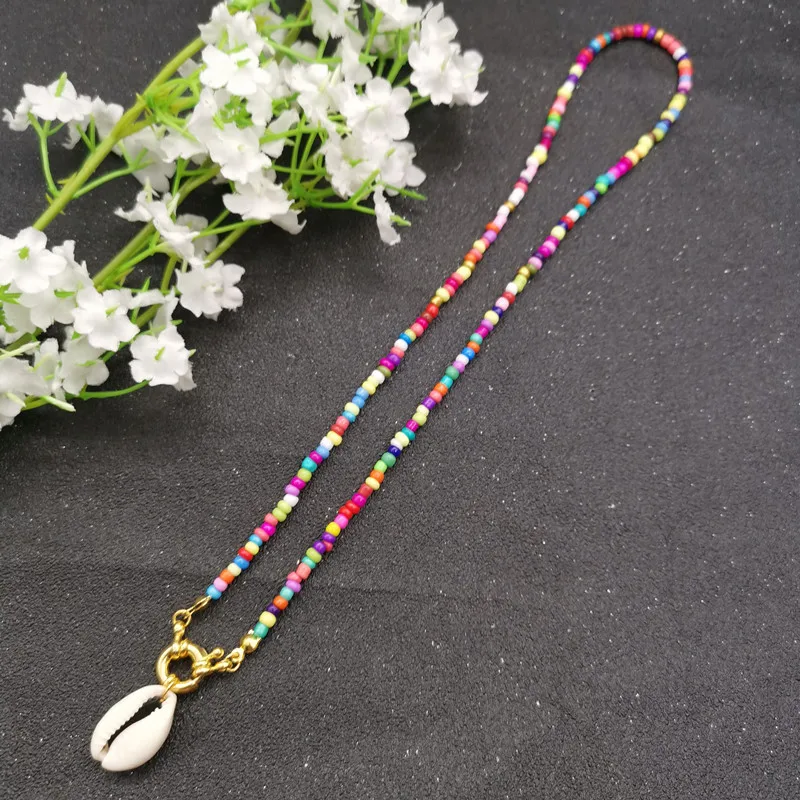 zi shell gold colorf Fashion Colorful Bead Cowrie Shell Choker Necklace for Women Long Chain Pendant Necklace Gold Color Statement Collier Jewelry - Окраска металла: zi shell gold colorf