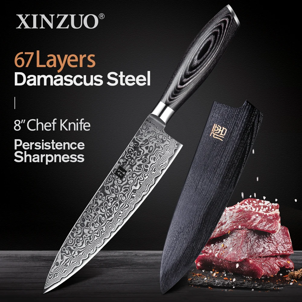 

XINZUO 8" Inches Chef's Knife China 67 Layers High Carbon Damascus Stainless Steel Kitchen Pro Cleaver Knives Pakkawood Handle