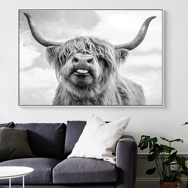 

Black and White Yak Highland Cow Wild Animals Canvas Painting Posters and Prints Wall Art Picture Cuadros for Living Room Decor