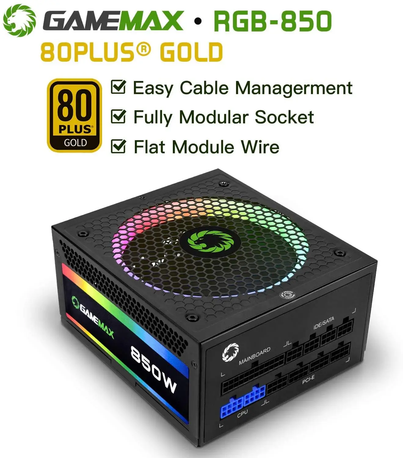 GameMax БП True Номинальная 850 Вт RGB Питание полностью модульный с сертификацией 80 Plus Gold