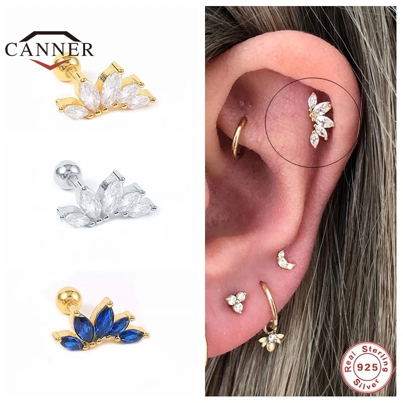 

CANNER Small 925 Sterling Silver Colorful Crown Zircon Threaded Ear Piercing Stud Earrings for Women Ear Bone Earring Jewelry