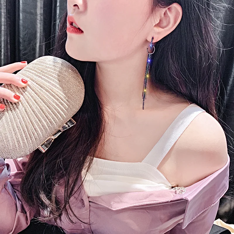 DREJEW Korean Long Tassel Statement Circle Earrings 925 Gold Silver Blue Rose Alloy High Street Fashion Drop Earrings for Women