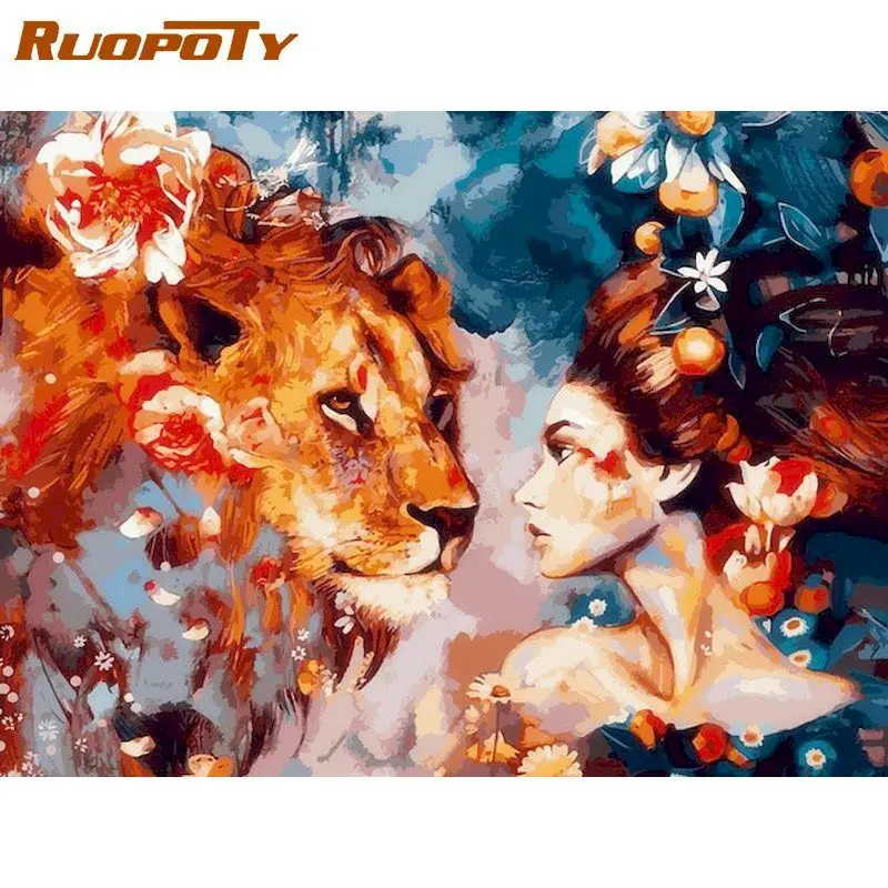 RUOPOTY девушка и красочный лев фигурка набор для рисования по номерам рамке 60x75 см DIY