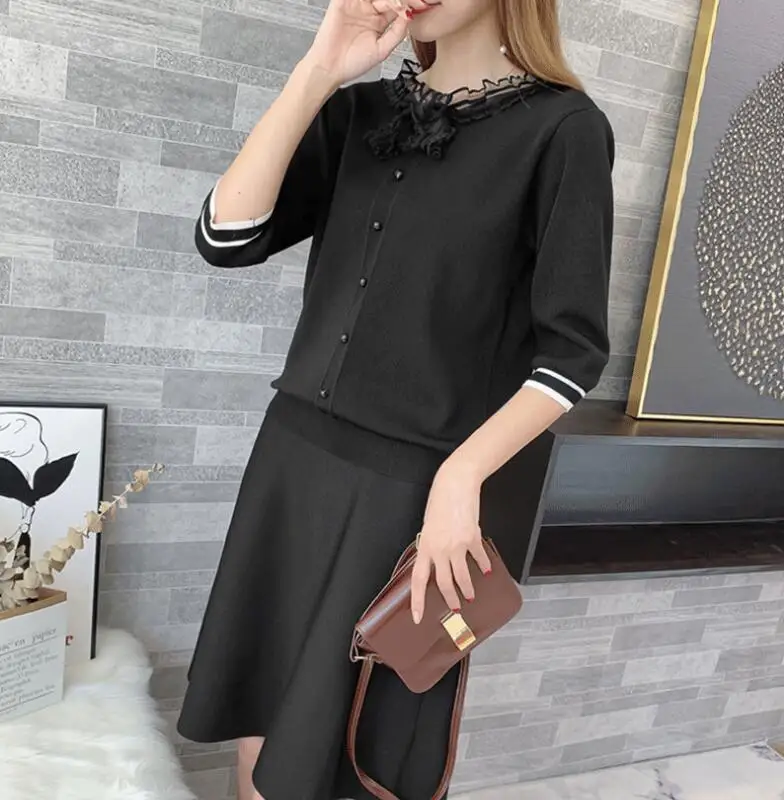Женский комплект 2 шт. вязаный костюм Ms. Fashion тонкая рубашка вышитый свитер сумка бедра бахрома половина юбка из двух частей женская одежда
