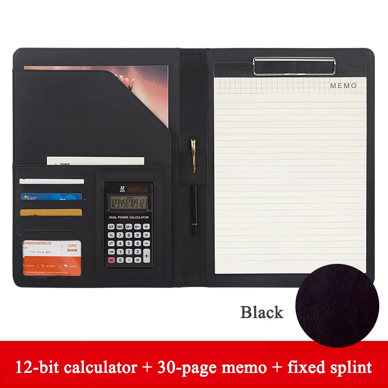 Black with memo A4 PU блокнот файл Материал менеджер escolar Document клип Папка Бизнес офис портфель сумка калькулятор пластина зажим карты ручка - Цвет: Black with memo