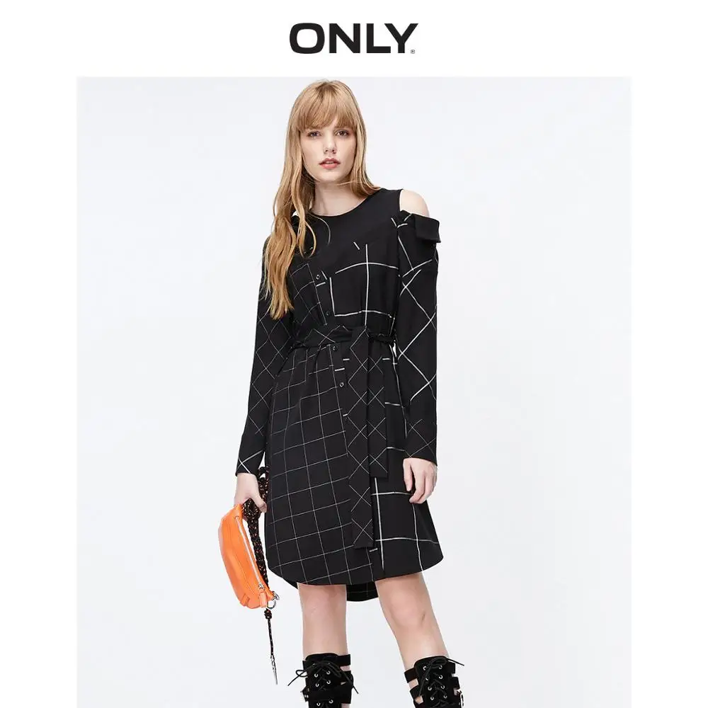 Только осень Черный и белый проверить поддельные из двух частей платье |