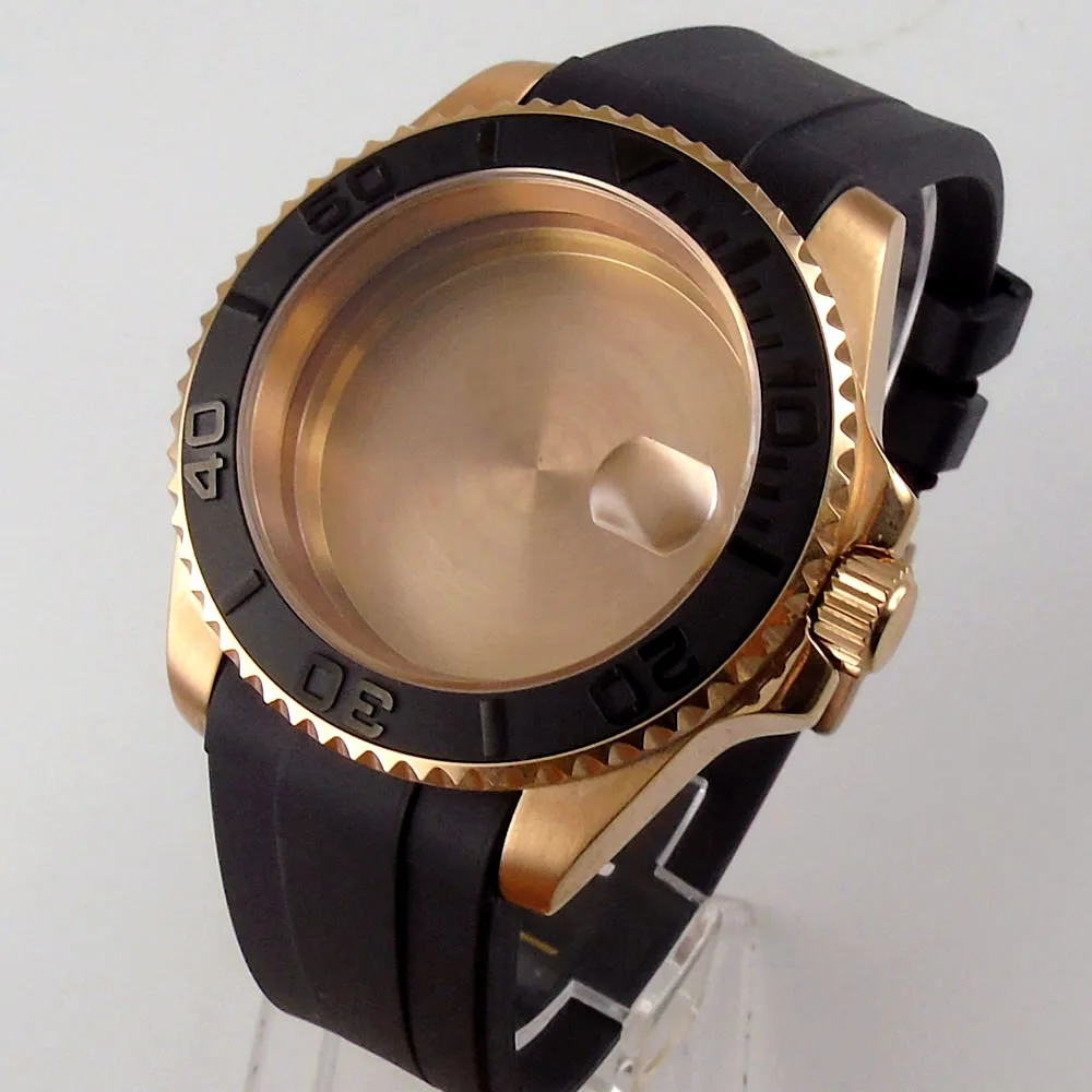 Rose Gold Plated 40mm Watch Case fit for ETA 2836 MIYOTA 8215 Sapphire Glass Rubber Mental Back Brushed Insert