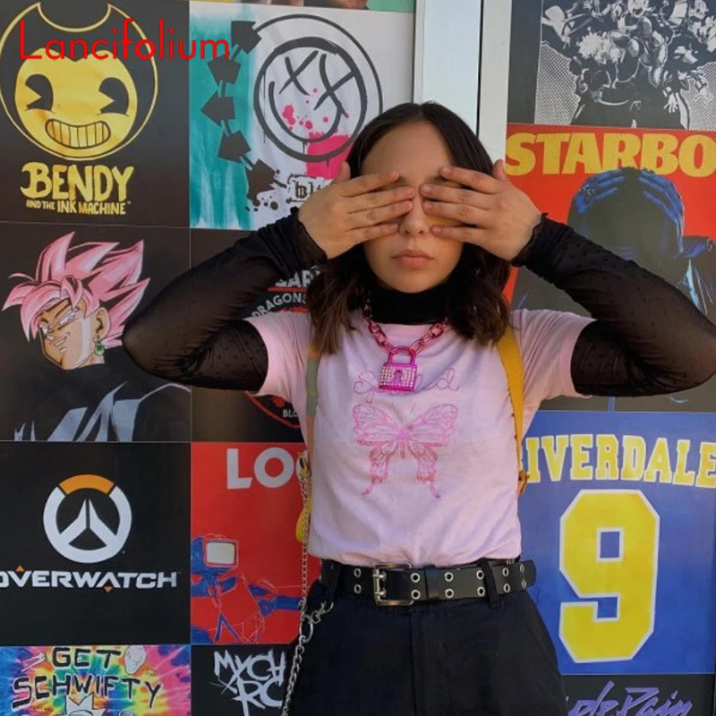 Sexy Pink Crop Top Women Summer Butterfly Graphic Letter T Shirt Ladies Baddie Egirl Tee Harajuku Cute Cropped 2020 | Женская одежда