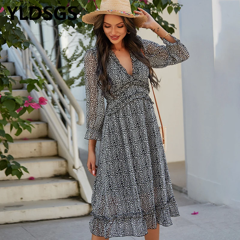 

YLDSGS Women'S Casual Autumn Ladies Bohemian Retro Floral Chiffon Shirt Long Sleeve Long Dress V-Neck Summer Undershirt Dress