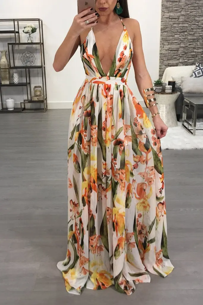 

Fashion Deep Low V Neck Women Elegant Party Club Chiffon Long Beach Dress Backless Sexy Maxi Dress