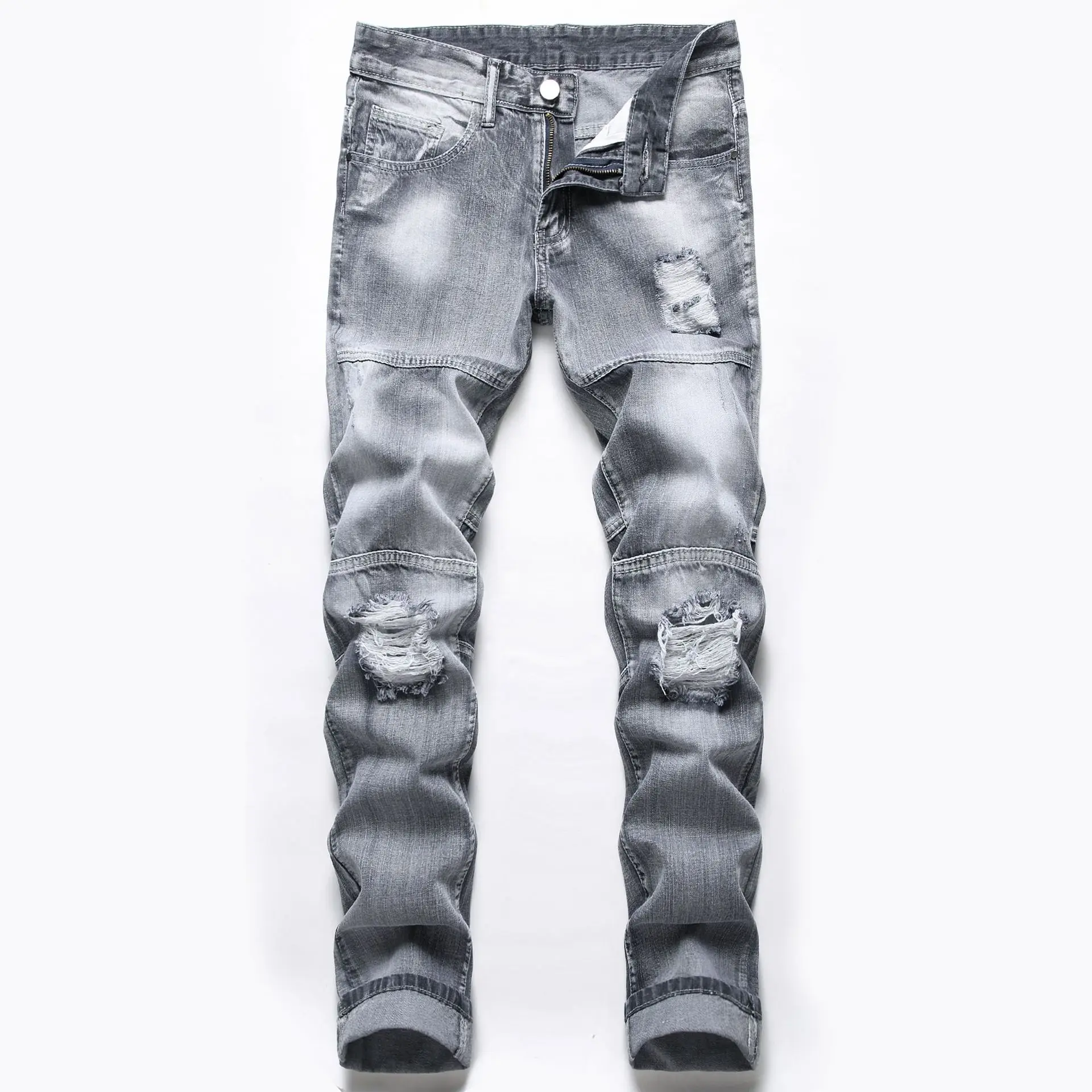 

Мужские светло-серсветильник рваные джинсы, Молодежные зауженные модные джинсы с прострочкой, новинка 2021