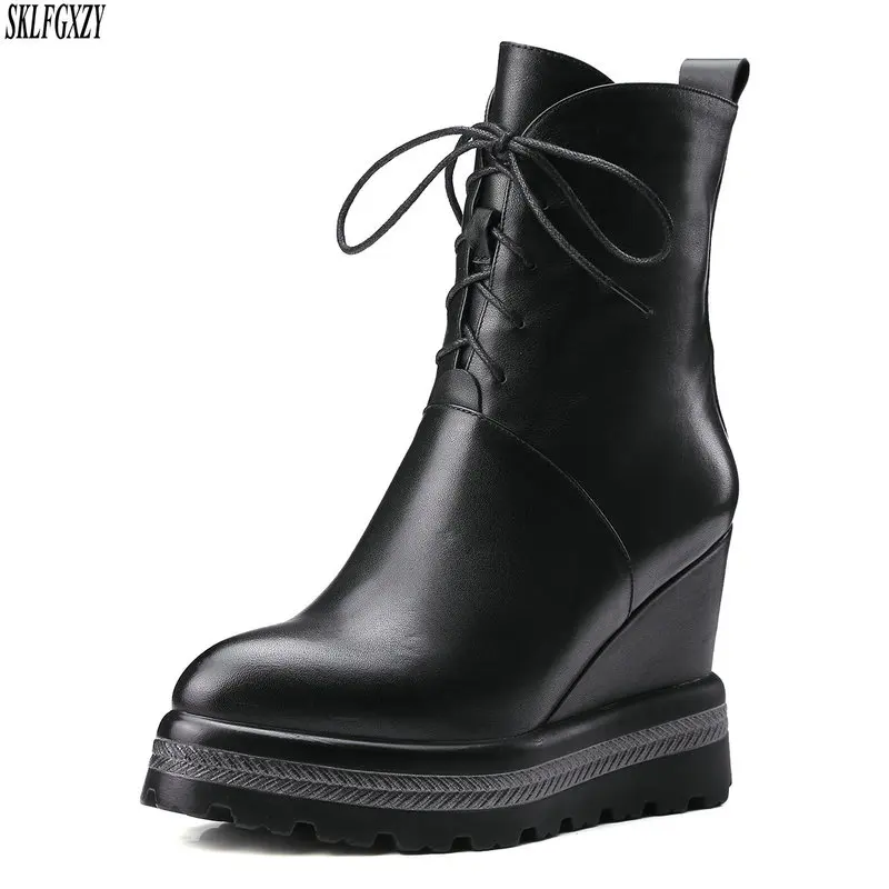 

2019 Sexy Women Boots Short Plush Cow Leather Ankle Boots Zipper Wedges 9cm High Heel Autumn Fashion Boots Size 34-42