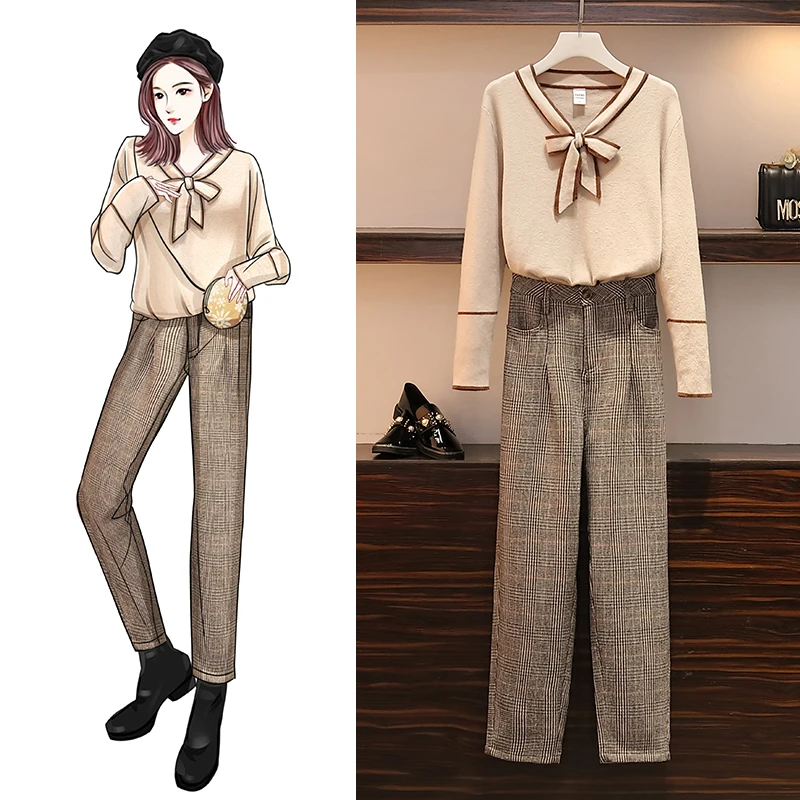 Женский комплект Осенний вязаный свитер с галстуком бабочкой штаны костюм