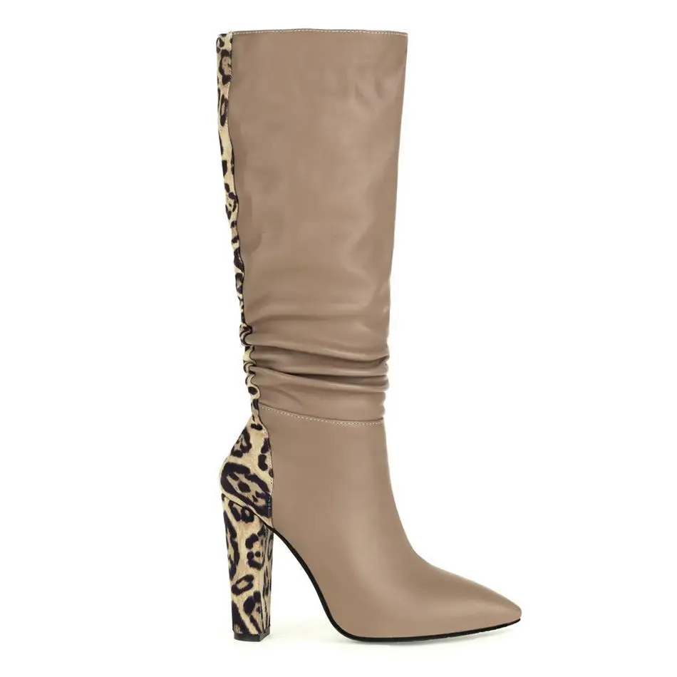 

Spring Women High Quality Shoes Comfort Pleated Leopard Chunky Heel Knight Boots Fashion Gladiator Knee High Pointed Toe Boots